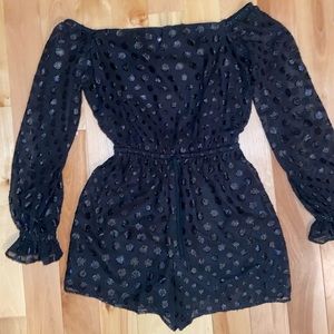 Express Black metallic polka dot romper with sheer puff sleeves